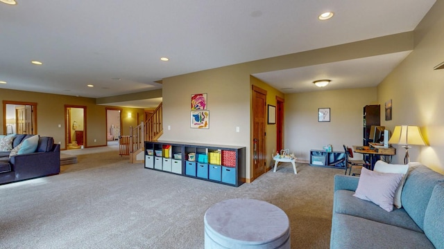 carpeted living room featuring recessed lighting, stairs, and baseboards