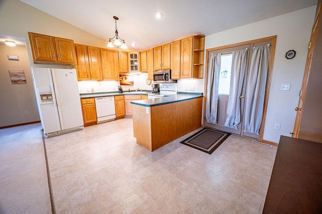 kitchen with open shelves, white appliances, lofted ceiling, pendant lighting, and glass insert cabinets