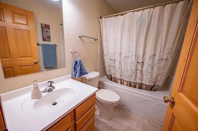 full bathroom with vanity, tile patterned flooring, shower / bath combo, and toilet