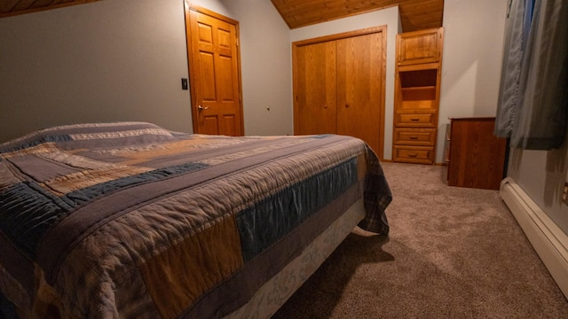 35873 Drumbeater Rd, Cohasset, MN 55721 - bedroom with a baseboard radiator, light colored carpet, lofted ceiling, wooden ceiling, and a closet
