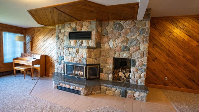 35873 Drumbeater Rd, Cohasset, MN 55721 - living room featuring a fireplace, wooden walls, carpet flooring, and beam ceiling