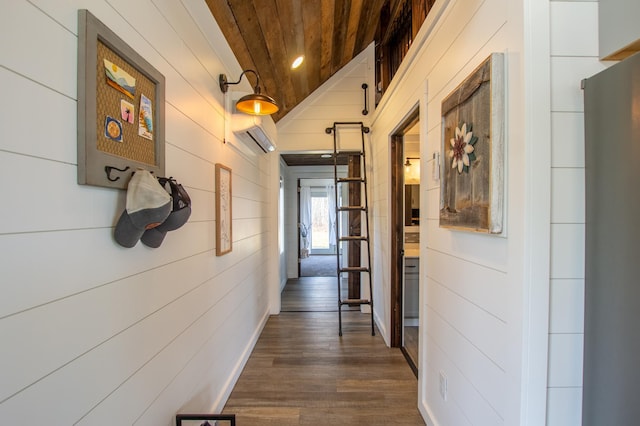 29133 Neighborly Dr, Laporte, MN 56461 - hallway with wood ceiling, wood walls, dark wood-style flooring, an AC wall unit, and lofted ceiling