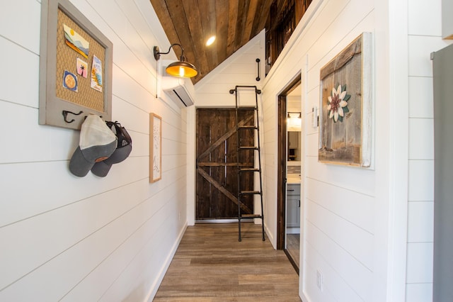 29133 Neighborly Dr, Laporte, MN 56461 - corridor with wooden walls, wooden ceiling, and wood finished floors