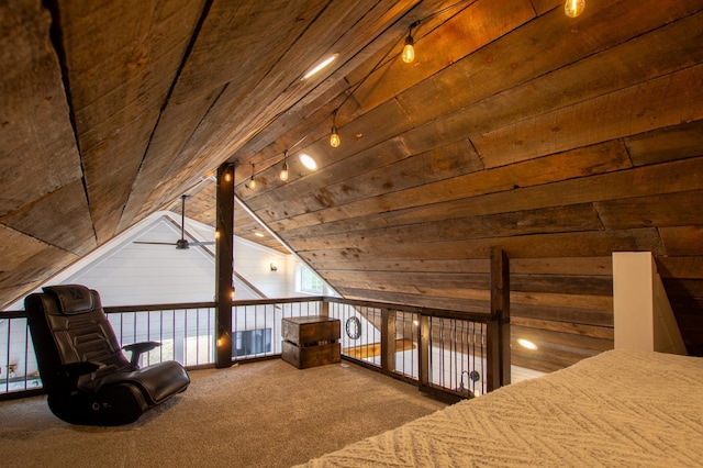 29133 Neighborly Dr, Laporte, MN 56461 - bedroom with vaulted ceiling, wooden ceiling, wooden walls, carpet flooring, and track lighting