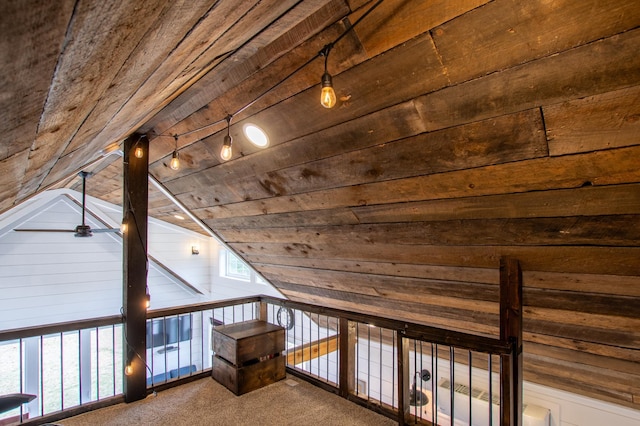 29133 Neighborly Dr, Laporte, MN 56461 - hall featuring vaulted ceiling, wooden ceiling, and carpet flooring