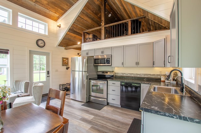 29133 Neighborly Dr, Laporte, MN 56461 - kitchen featuring stainless steel appliances, wood ceiling, light wood-style flooring, high vaulted ceiling, and gray cabinetry