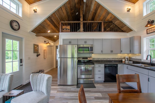 29133 Neighborly Dr, Laporte, MN 56461 - kitchen featuring appliances with stainless steel finishes, wooden walls, wood finished floors, healthy amount of natural light, and wood ceiling