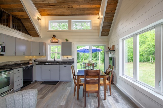 29133 Neighborly Dr, Laporte, MN 56461 - kitchen with stainless steel appliances, lofted ceiling, gray cabinets, dark countertops, and wood finished floors