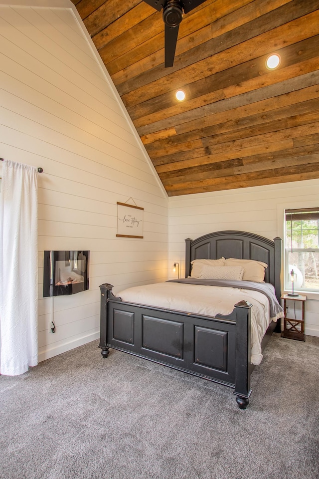 29133 Neighborly Dr, Laporte, MN 56461 - bedroom with wood ceiling, vaulted ceiling, carpet, wood walls, and recessed lighting