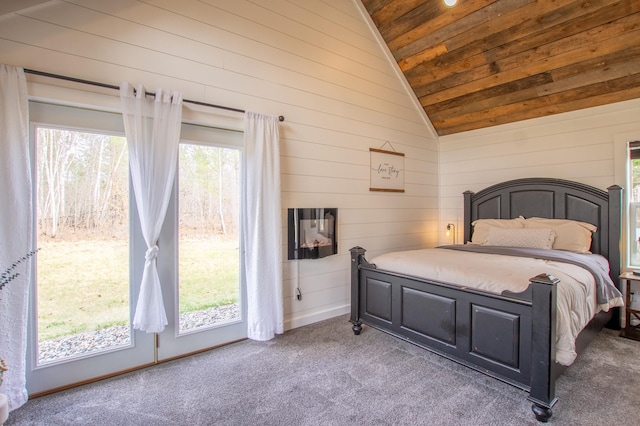 29133 Neighborly Dr, Laporte, MN 56461 - bedroom with vaulted ceiling, wooden ceiling, carpet flooring, wooden walls, and access to exterior