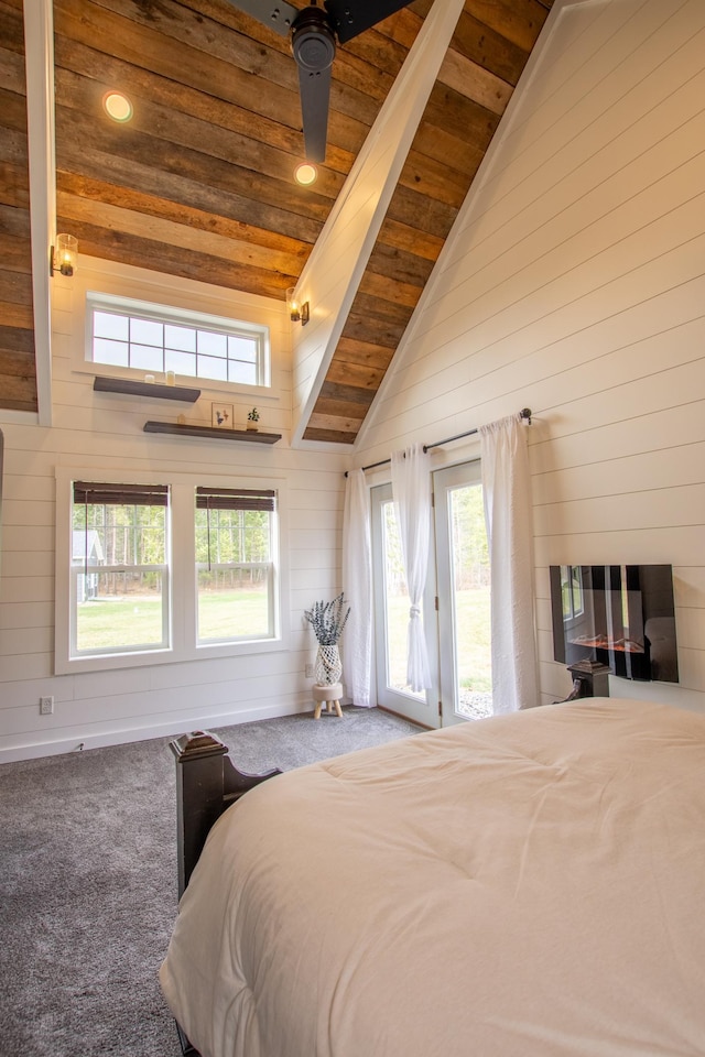 29133 Neighborly Dr, Laporte, MN 56461 - bedroom featuring wood walls, access to outside, wooden ceiling, carpet, and a towering ceiling