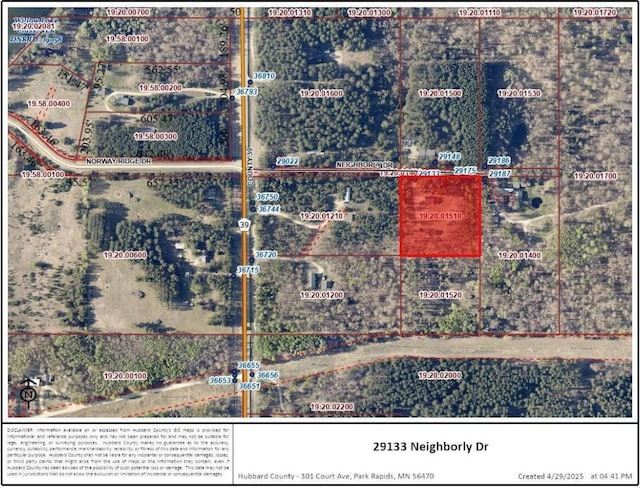29133 Neighborly Dr, Laporte, MN 56461 - aerial view of property's location with property parcel outlined