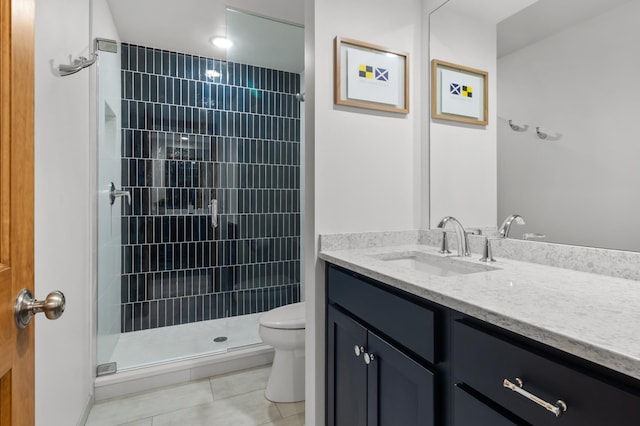 full bath featuring tile patterned flooring, toilet, a stall shower, and vanity