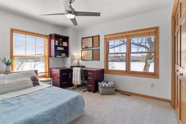 bedroom featuring multiple windows, carpet floors, baseboards, and a closet