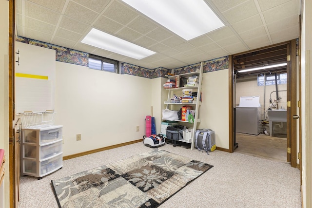 10851 Olive St NW, Coon Rapids, MN 55448 - basement with washer / clothes dryer, carpet floors, a paneled ceiling, and baseboards