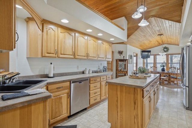 5301 Pine Beach Rd, Brainerd, MN 56401 - kitchen featuring stainless steel appliances, wooden ceiling, a sink, a center island, and vaulted ceiling