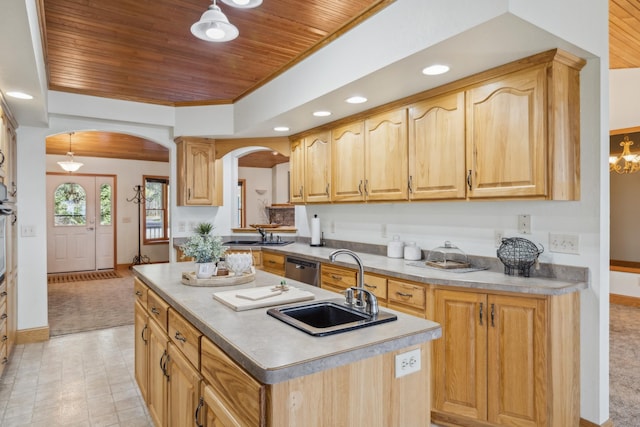 5301 Pine Beach Rd, Brainerd, MN 56401 - kitchen featuring arched walkways, wood ceiling, an island with sink, a sink, and baseboards