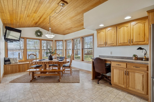 5301 Pine Beach Rd, Brainerd, MN 56401 - dining room with wooden ceiling, lofted ceiling, baseboards, recessed lighting, and light stone finish flooring