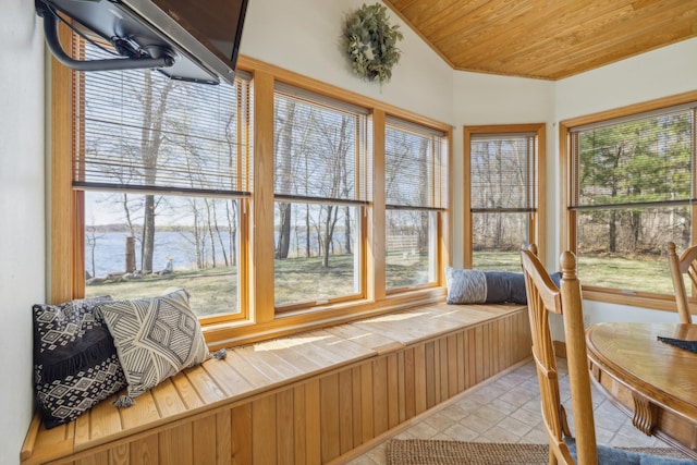 5301 Pine Beach Rd, Brainerd, MN 56401 - sunroom / solarium with healthy amount of natural light, a water view, wooden ceiling, crown molding, and tile patterned flooring