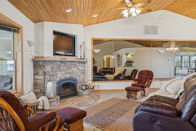 5301 Pine Beach Rd, Brainerd, MN 56401 - living area with wood ceiling, a ceiling fan, a stone fireplace, vaulted ceiling, and a chandelier