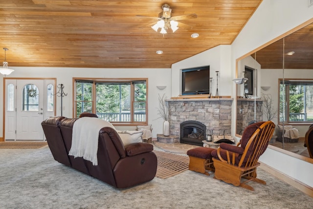 5301 Pine Beach Rd, Brainerd, MN 56401 - living area with wooden ceiling, lofted ceiling, a ceiling fan, carpet floors, and a fireplace