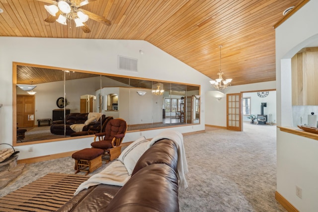 5301 Pine Beach Rd, Brainerd, MN 56401 - living room featuring wooden ceiling, lofted ceiling, carpet floors, a chandelier, and arched walkways
