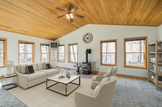 5301 Pine Beach Rd, Brainerd, MN 56401 - carpeted living area featuring lofted ceiling, a wood stove, wooden ceiling, ceiling fan, and baseboards