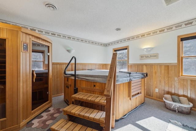 5301 Pine Beach Rd, Brainerd, MN 56401 - carpeted bedroom with a wainscoted wall, wood walls, a textured ceiling, and a sauna / steam room