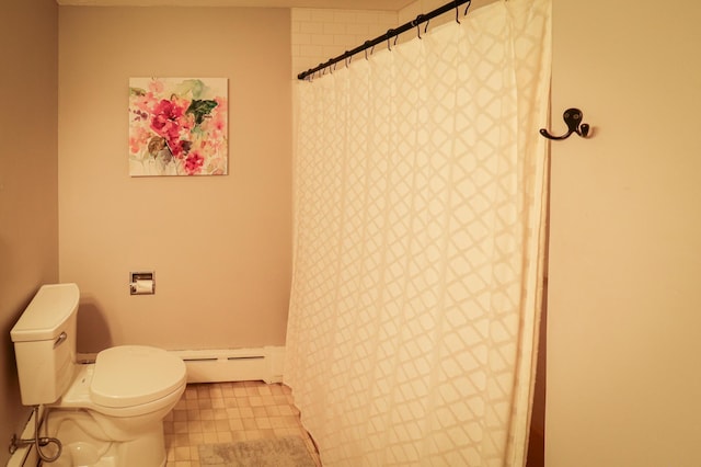 bathroom with tile patterned floors, baseboard heating, toilet, and a shower with shower curtain