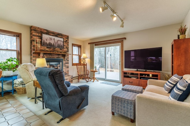 living area featuring track lighting, carpet flooring, a healthy amount of sunlight, and a fireplace