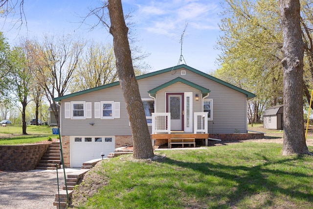 19797 612th Ave, Litchfield, MN 55355 - bungalow-style house featuring driveway, an attached garage, stairs, a front yard, and a storage unit