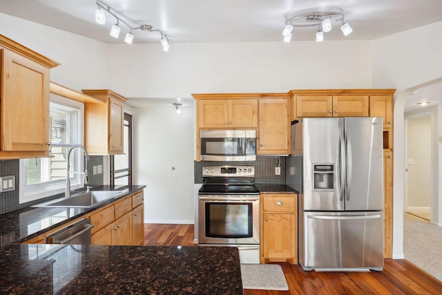 19797 612th Ave, Litchfield, MN 55355 - kitchen featuring stainless steel appliances, a sink, arched walkways, dark wood-style flooring, and decorative backsplash