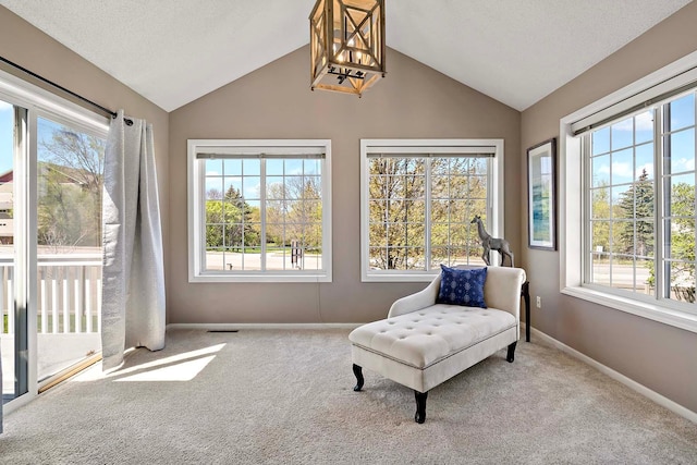 living area featuring vaulted ceiling, plenty of natural light, carpet floors, and baseboards