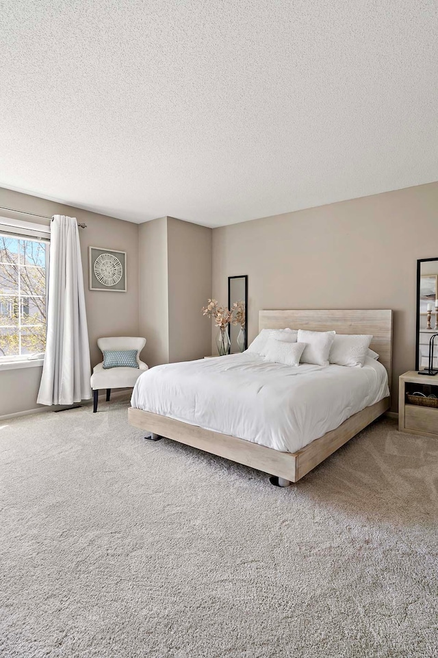 bedroom with carpet floors and a textured ceiling