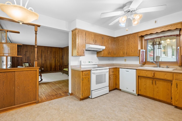 615 9th Ave SW, Faribault, MN 55021 - kitchen featuring white appliances, a sink, under cabinet range hood, light countertops, and ceiling fan