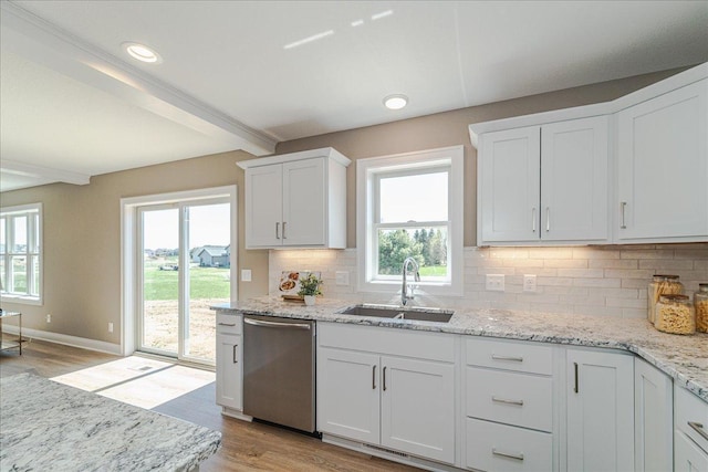 kitchen featuring a sink, light wood finished floors, backsplash, a healthy amount of sunlight, and stainless steel dishwasher