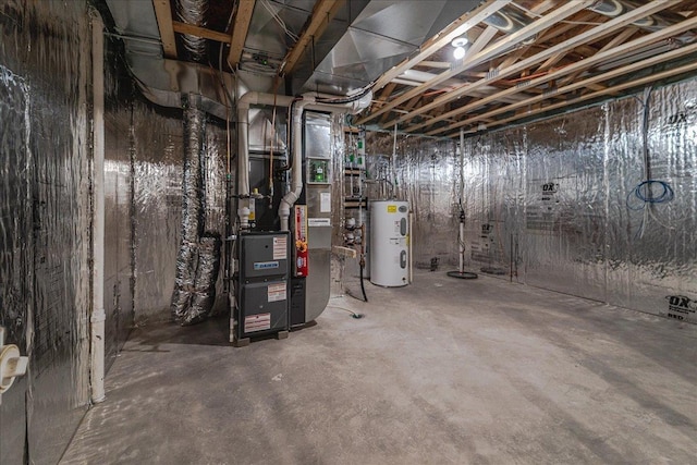 unfinished basement featuring heating unit and electric water heater