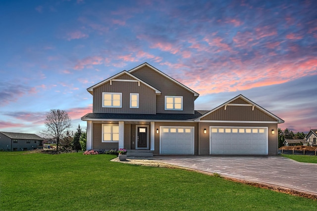 craftsman house with a garage, a front lawn, board and batten siding, and driveway