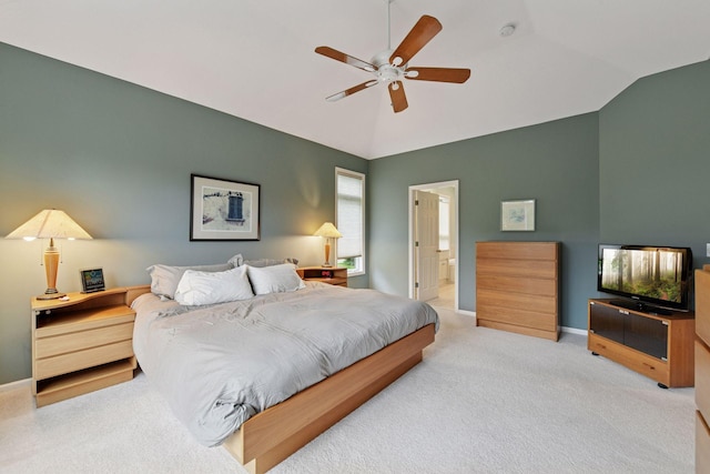 809 Saint Moritz, Victoria, MN 55386 - carpeted bedroom featuring lofted ceiling, baseboards, ensuite bath, and ceiling fan