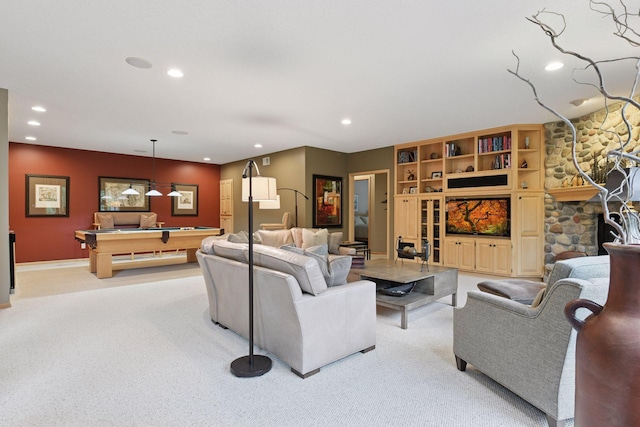 809 Saint Moritz, Victoria, MN 55386 - living area with recessed lighting, light carpet, billiards, and baseboards