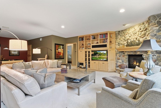 809 Saint Moritz, Victoria, MN 55386 - living area featuring light colored carpet, a fireplace, and recessed lighting