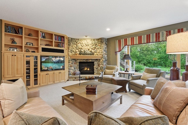 809 Saint Moritz, Victoria, MN 55386 - living area featuring light colored carpet and a stone fireplace