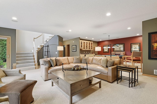 809 Saint Moritz, Victoria, MN 55386 - living room featuring recessed lighting, light carpet, stairway, and baseboards
