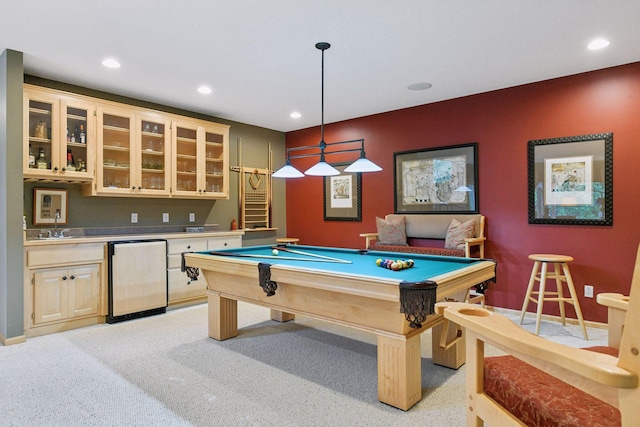 809 Saint Moritz, Victoria, MN 55386 - game room featuring pool table, recessed lighting, baseboards, light colored carpet, and bar area