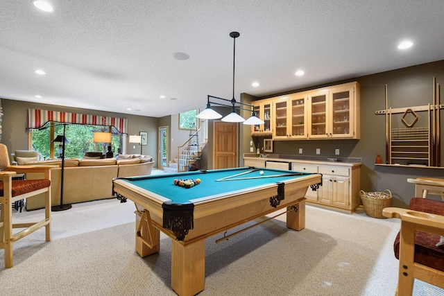 809 Saint Moritz, Victoria, MN 55386 - playroom with light carpet, recessed lighting, pool table, a sink, and a textured ceiling