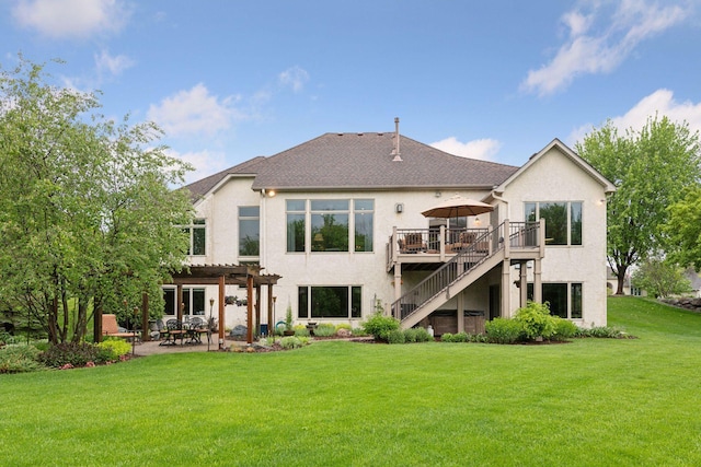 809 Saint Moritz, Victoria, MN 55386 - rear view of house featuring a pergola, stucco siding, a yard, a wooden deck, and a patio