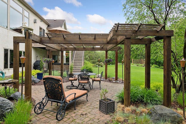 809 Saint Moritz, Victoria, MN 55386 - view of patio with a pergola, outdoor dining space, and stairs