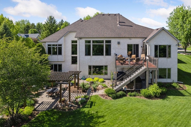 809 Saint Moritz, Victoria, MN 55386 - rear view of house with a pergola, stucco siding, stairs, a patio, and a shingled roof