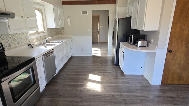 kitchen with dark wood-type flooring, white cabinetry, a wainscoted wall, a sink, and stainless steel appliances