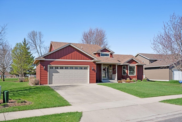 2797 Ocarina Dr, Sauk Rapids, MN 56379 - view of front of house with board and batten siding, an attached garage, concrete driveway, and a front lawn